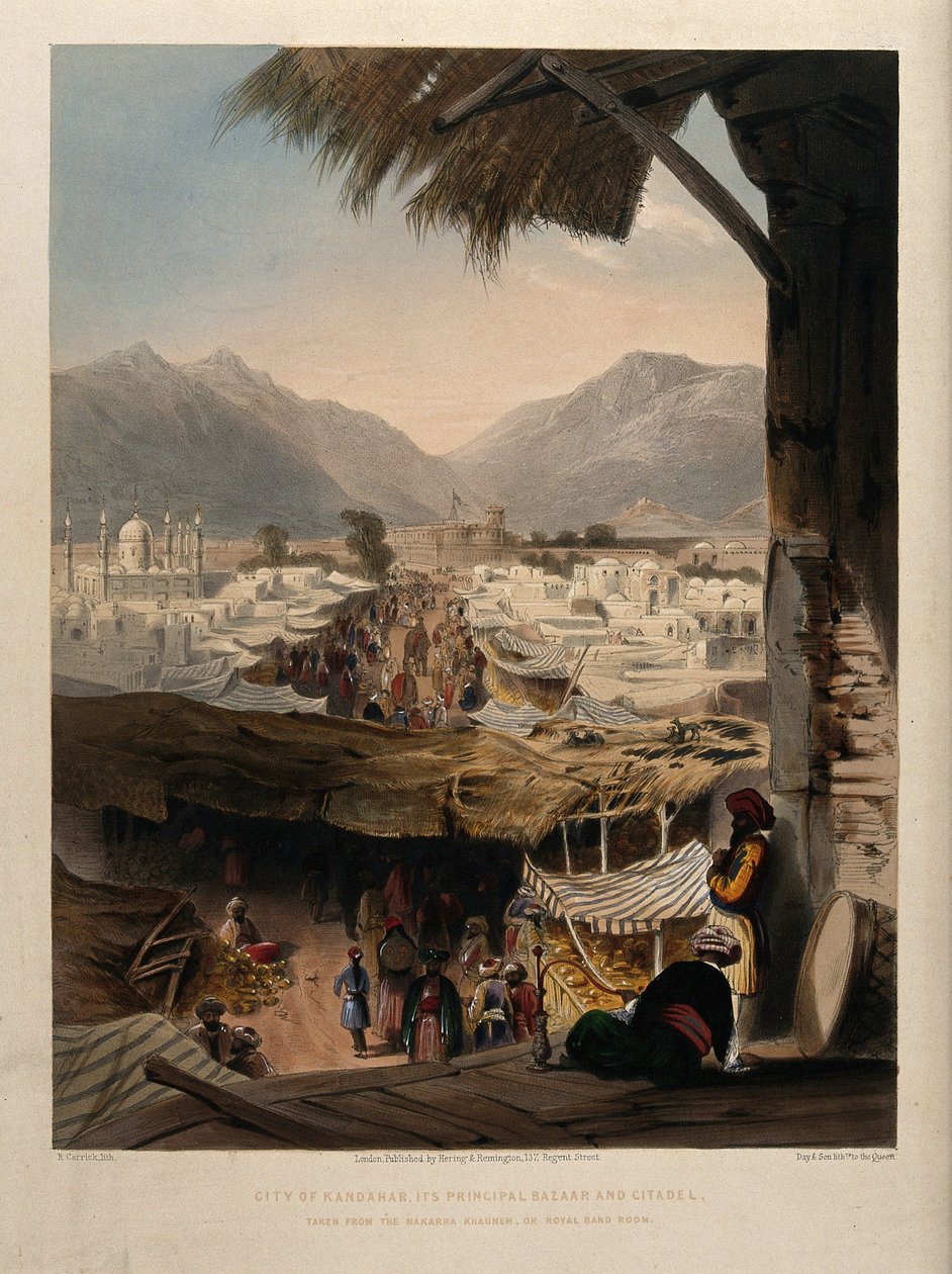 Ciudad de Kandahar, con el bazar principal y la ciudadela, Afganistán. de Unbekannter Künstler