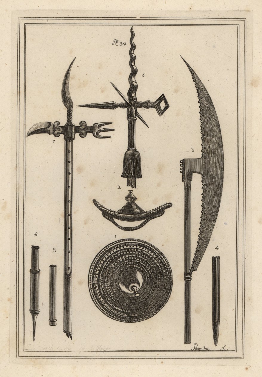 Rondel cóncavo 1,2, hacha de batalla 3,4, hacha de asta 5,6, y arma antigua curiosa usada por los ingleses contra los escoceses 7,8 de Unbekannt
