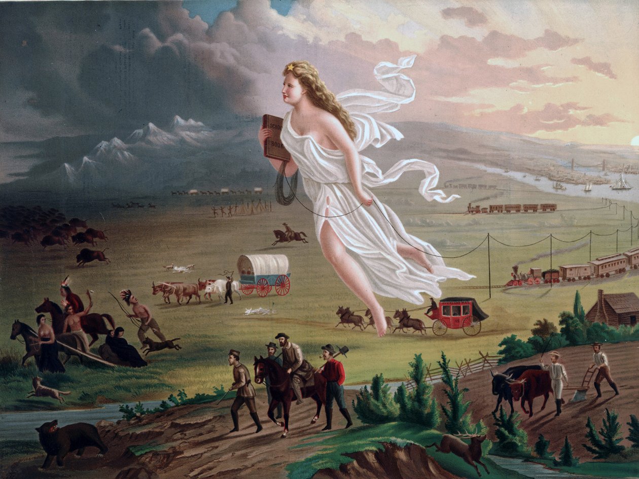 Concepto de Destino Manifiesto: Figura femenina alegórica portando un cable de telégrafo eléctrico, conduce a los pioneros y ferrocarriles americanos hacia el oeste, los indios nativos americanos y el búfalo y el oso retroceden ante ellos. Cromolitografía  de Unbekannter Künstler