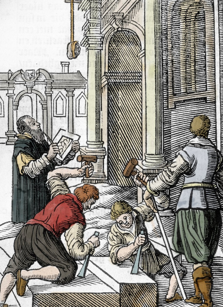 Construcción de una catedral, canteros en el siglo XIII-XIV (grabado) de Unbekannter Künstler