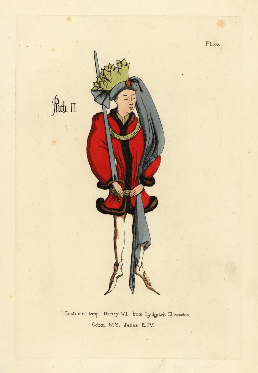Traje del Rey Ricardo II, con túnica corta y completa bordeada de piel, cinturón en las caderas con un ceñidor, zapatos puntiagudos, tocado redondo con cola larga y corona de tela cortada en forma de hojas de Unbekannt