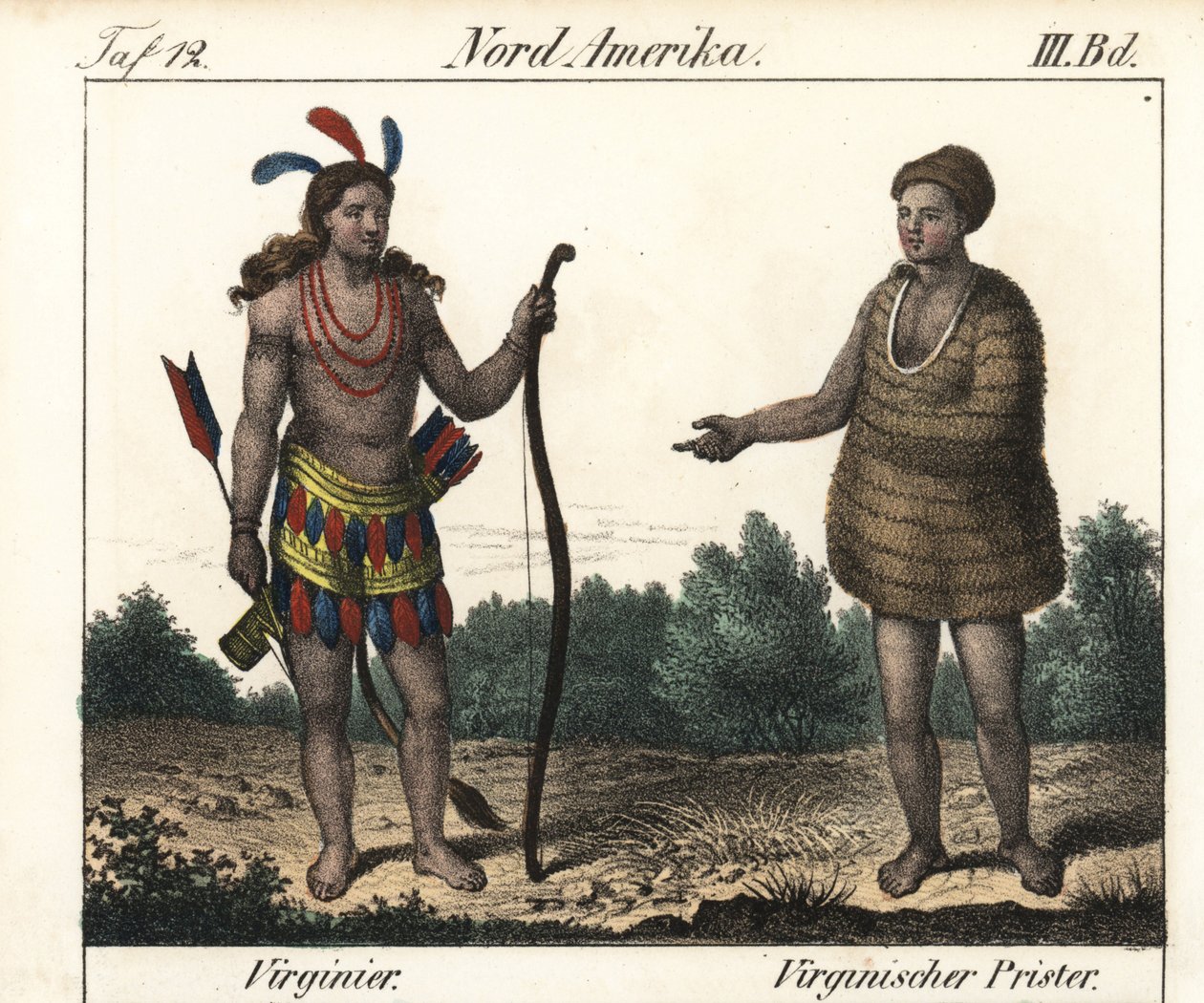 Traje de los indios Powhatan de Virginia (EE.UU.): un guerrero y un sacerdote de Secota. Litografía para el libro: "Galerie complete en tableaux fideles des peuples d