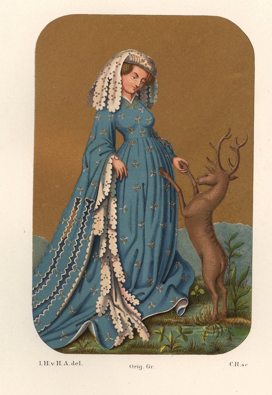 Traje de una dama noble de principios del siglo XV, lleva un largo tocado y un vestido de manga larga, jugando con un ciervo - De un naipe de la Biblioteca Real de Stuttgart (Alemania) - Cromolitografía, dibujo de Jakob Heinrich von de Unbekannter Künstler
