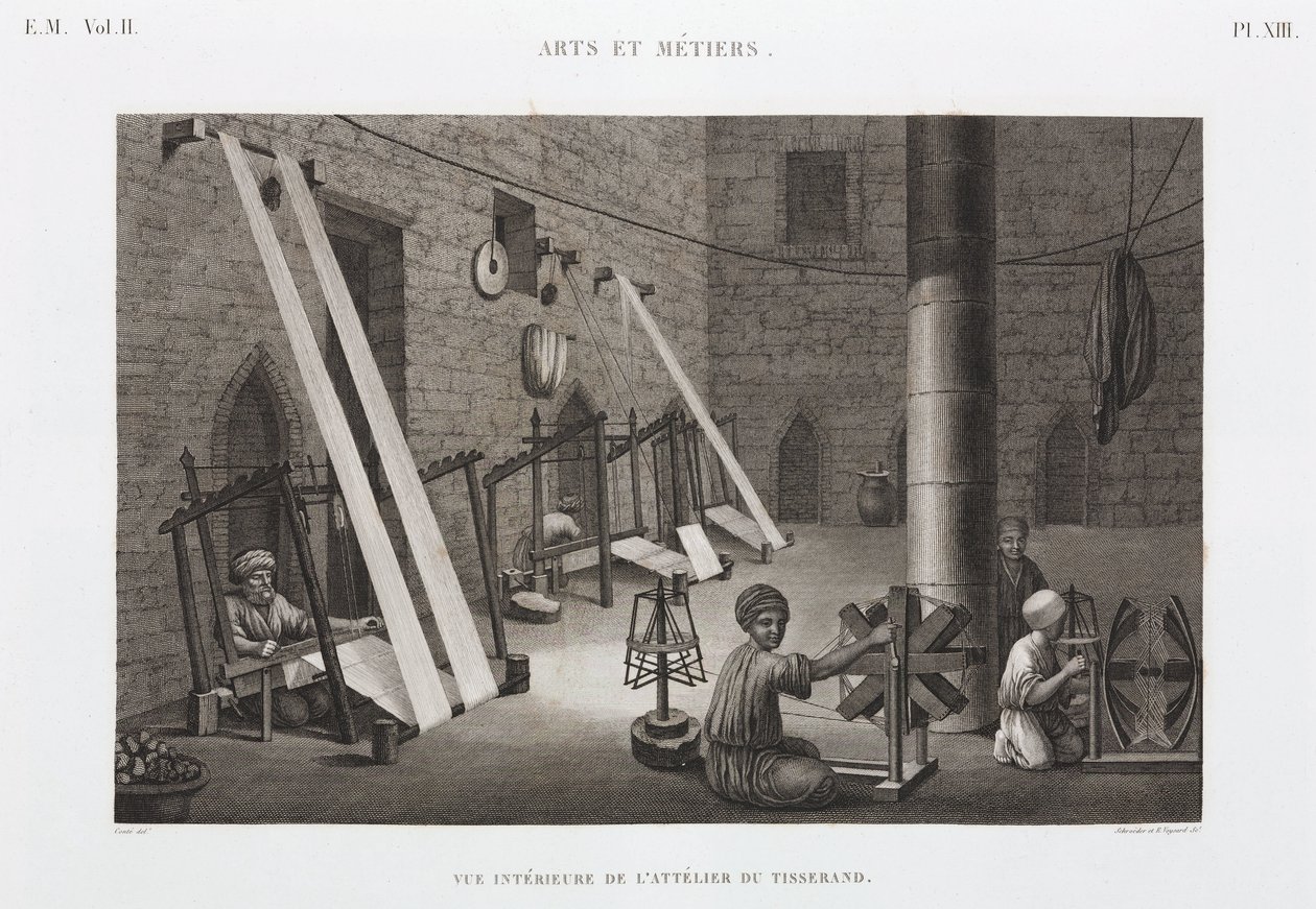 Algodón y seda, taller de tejedores, Egipto, c. 1798 de Unbekannt