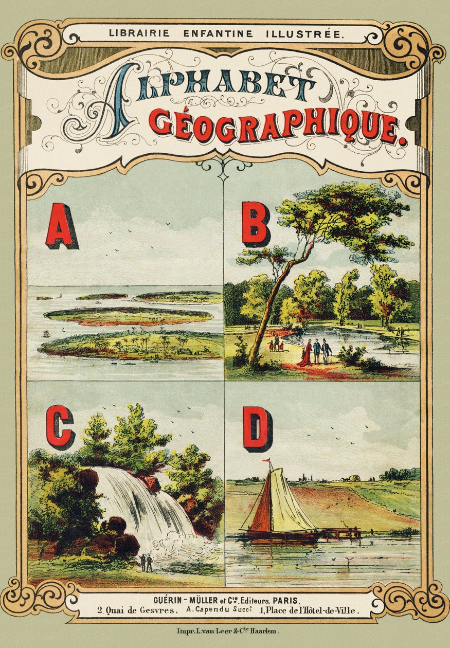 Portada: A: archipiélago, B: Bosque de Boulogne, C: cascada, D: dique - Grabado extraído de Alfabeto geográfico. Guerin-Muller et Cie, editores, París de Unbekannt