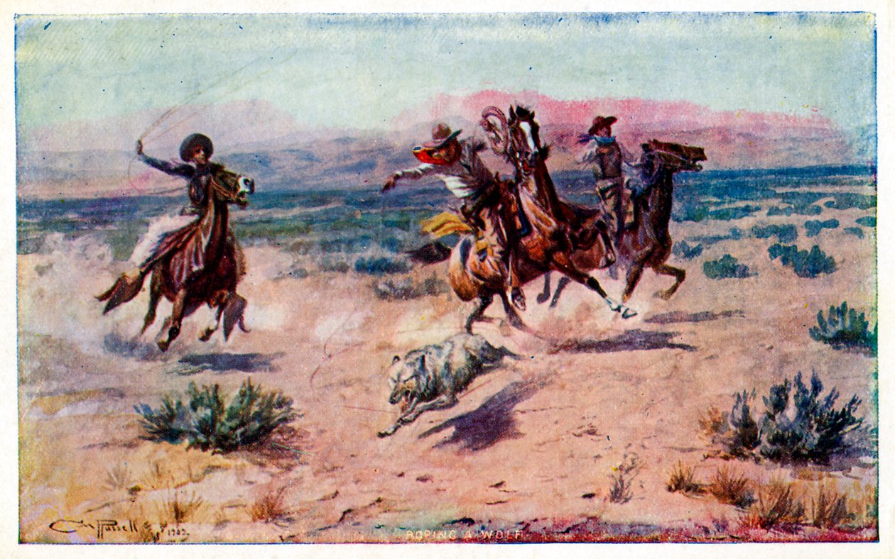 Vaqueros a caballo atando a un lobo de Unbekannter Künstler