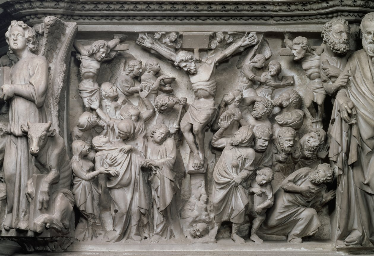 Escena de la Crucifixión: detalle del relieve de la parte superior del púlpito hexagonal diseñado por Giovanni Pisano (1245-1329), c.1297 (mármol) (detalle de 77020) de Unbekannter Künstler