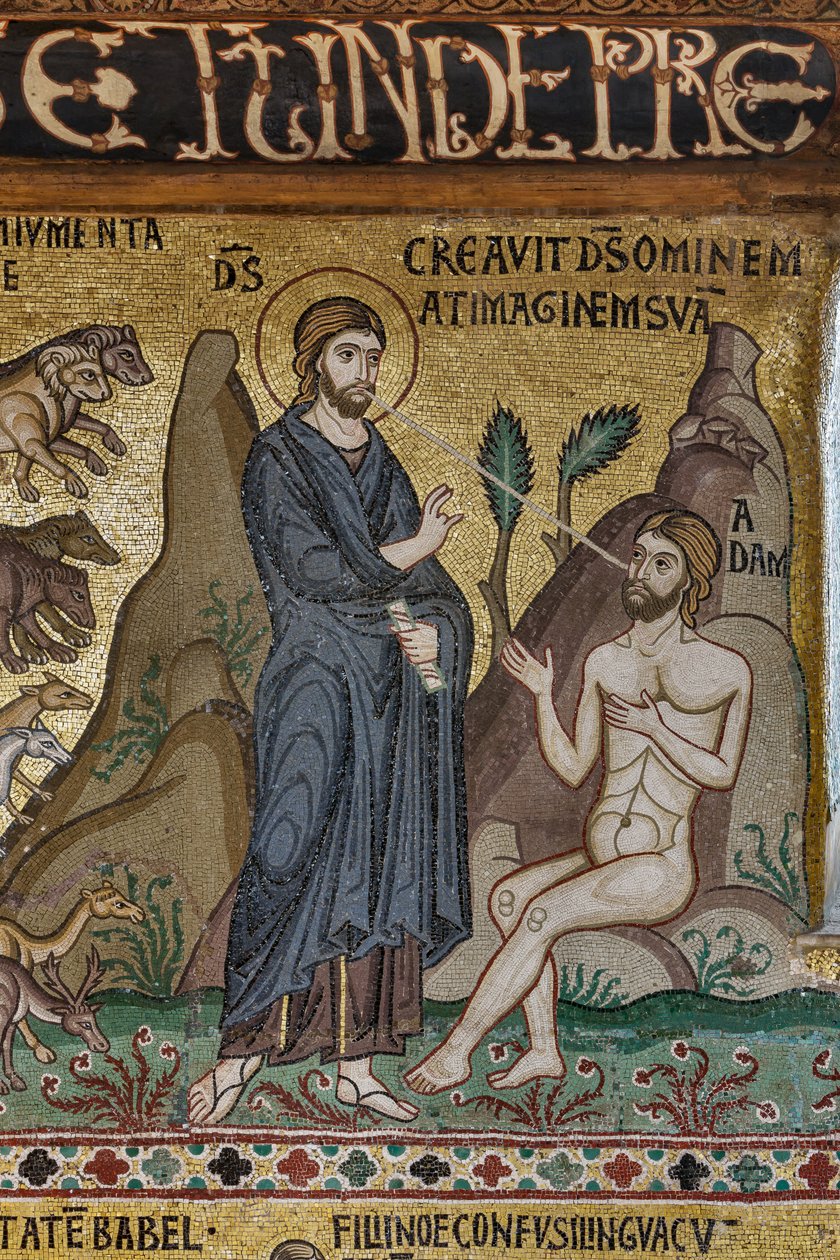 Ciclo de mosaicos sobre el Antiguo Testamento, ciclo de la Creación: "La Creación de Adán", siglo XII, Capilla Palatina, Palacio Real o Palacio de los Normandos, Palermo, Sicilia, Italia (foto) de Unbekannter Künstler