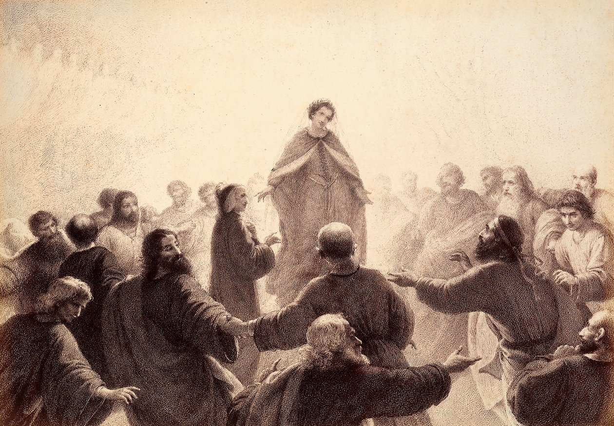 Dante y Beatrice están rodeados por los espíritus de los Sabios que cantan y danzan a su alrededor. Ilustración del Canto XIV del Paradiso de La Divina Comedia de Dante Alighieri. Obra de Franceso Scaramuzza dedicada al Ayuntamiento de Florencia. de Unbekannter Künstler