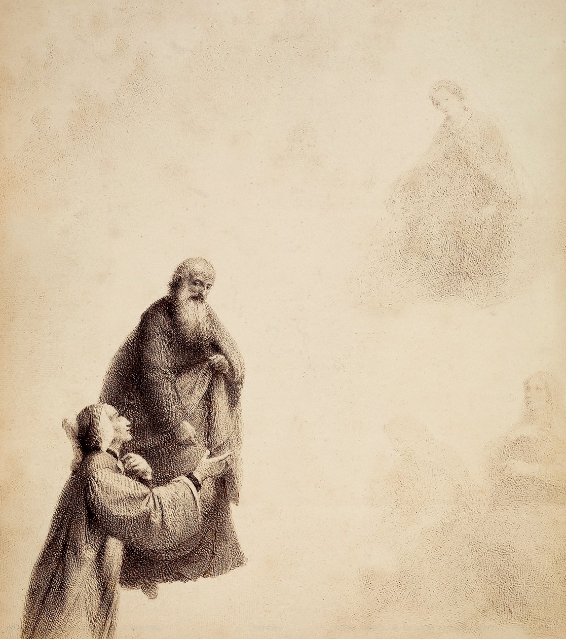 Dante, asistido por San Bernardo, ve a Beatriz sentada en un trono en medio de los bienaventurados, en un halo de luz. Ilustración del Canto XXXI del Paradiso de La Divina Comedia de Dante Alighieri. Obra de Francesco Scaramuzza dedicada al Ayuntamiento de de Unbekannter Künstler