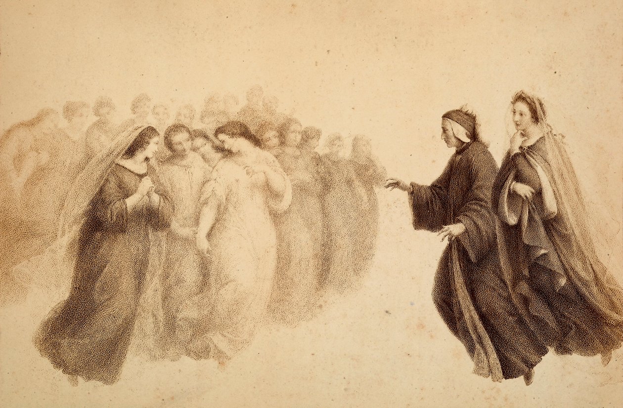Dante junto a Beatrice y los espíritus bienaventurados. Ilustración del Canto XXXIII del Paradiso de La Divina Comedia de Dante Alighieri. Obra de Francesco Scaramuzza dedicada al Ayuntamiento de Florencia. de Unbekannter Künstler