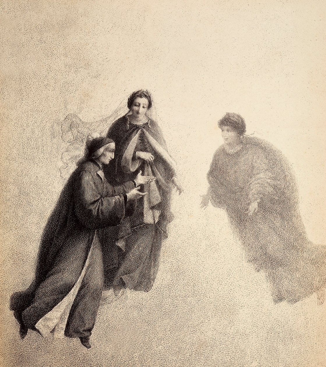 Dante, urgido por Beatrice, habla con espíritu piadoso. Ilustración del Canto V del Paradiso de La Divina Comedia de Dante Alighieri. Obra de Franceso Scaramuzza dedicada al Ayuntamiento de Florencia. de Unbekannter Künstler