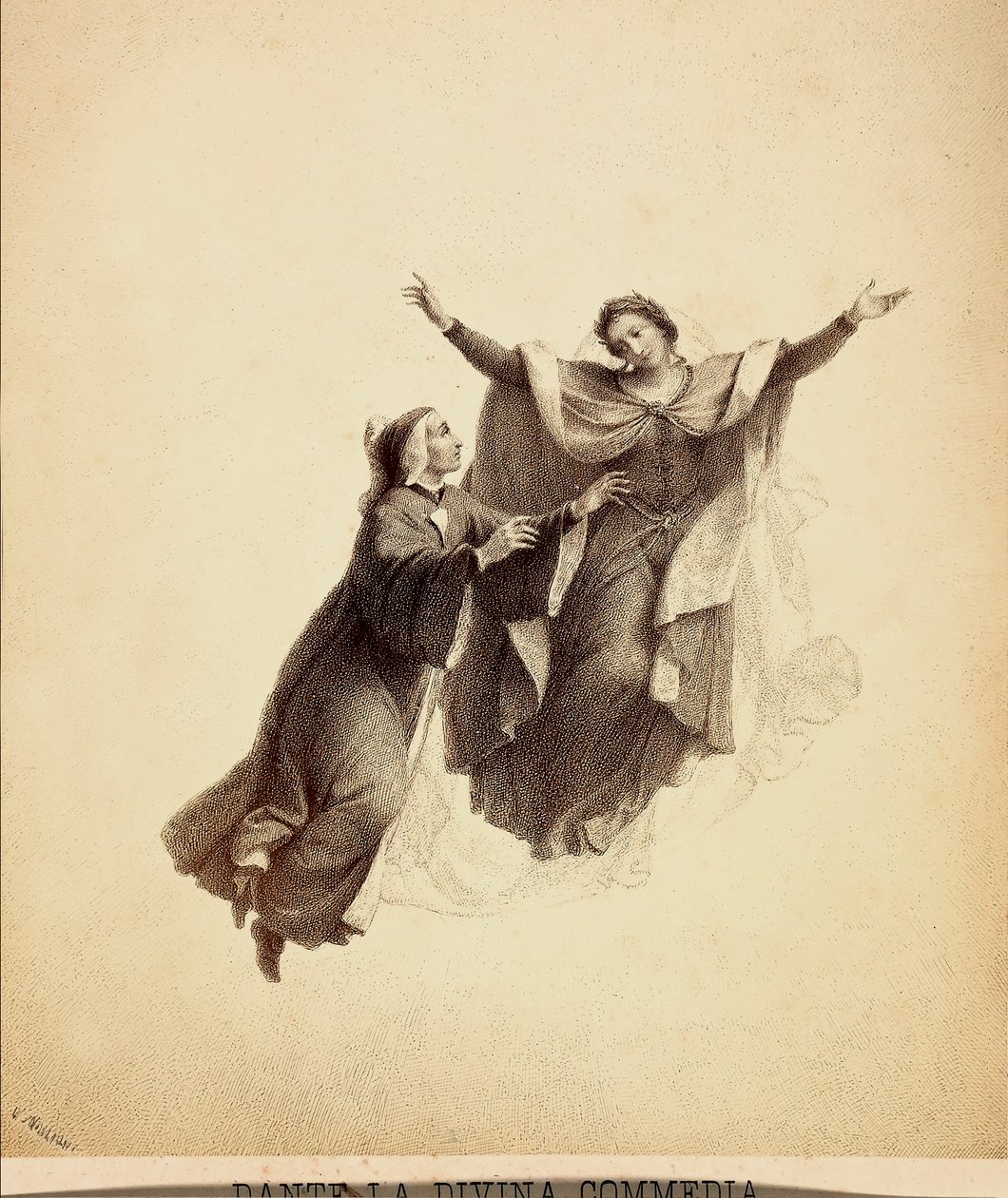Dante, con los brazos abiertos, conducido en fuga por Beatrice a través del firmamento del Paraíso. Ilustración del Canto I del Paradiso de La Divina Comedia de Dante Alighieri. Obra de Franceso Scaramuzza dedicada al Ayuntamiento de Florencia. de Unbekannter Künstler