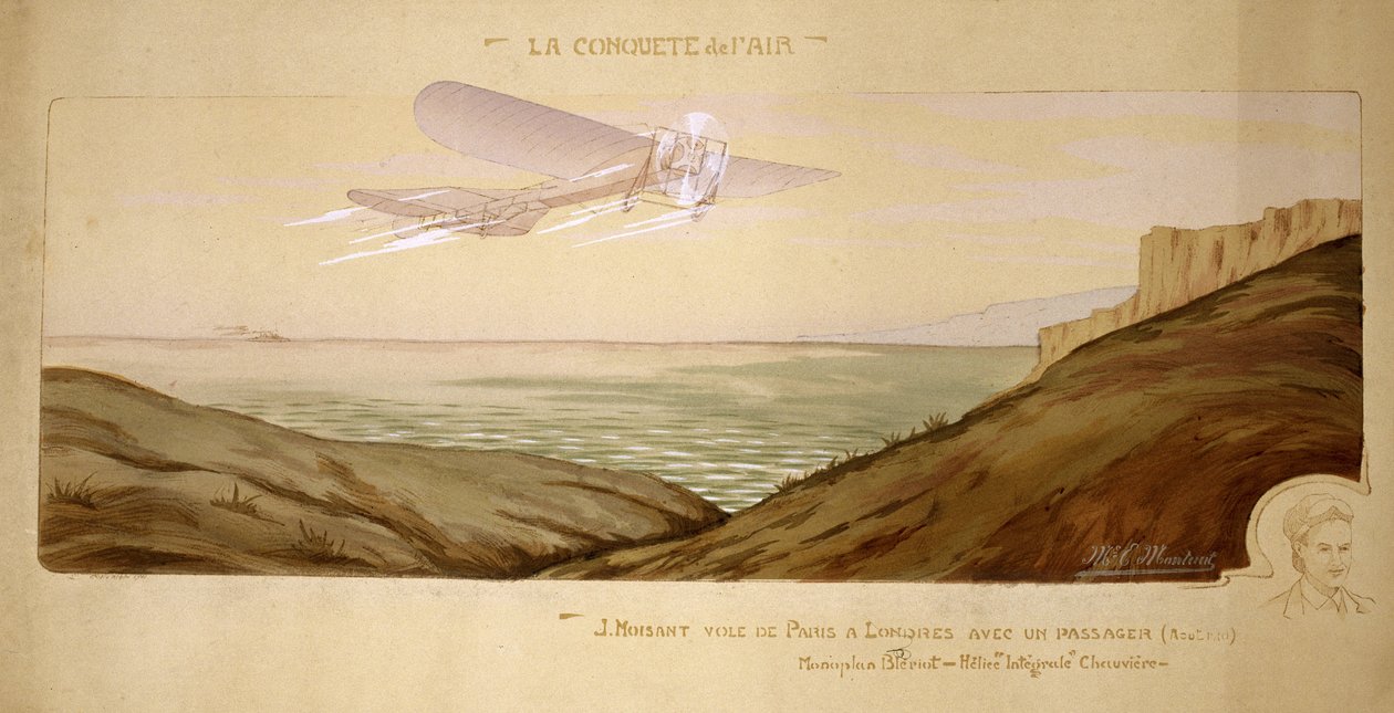 Debut de la aviación: John Moisant realiza el primer transporte de pasajeros sobre el Canal de la Mancha llevando a su mecánico en su avión Bleriot biplaza el 17 de agosto de 1910 de Unbekannt