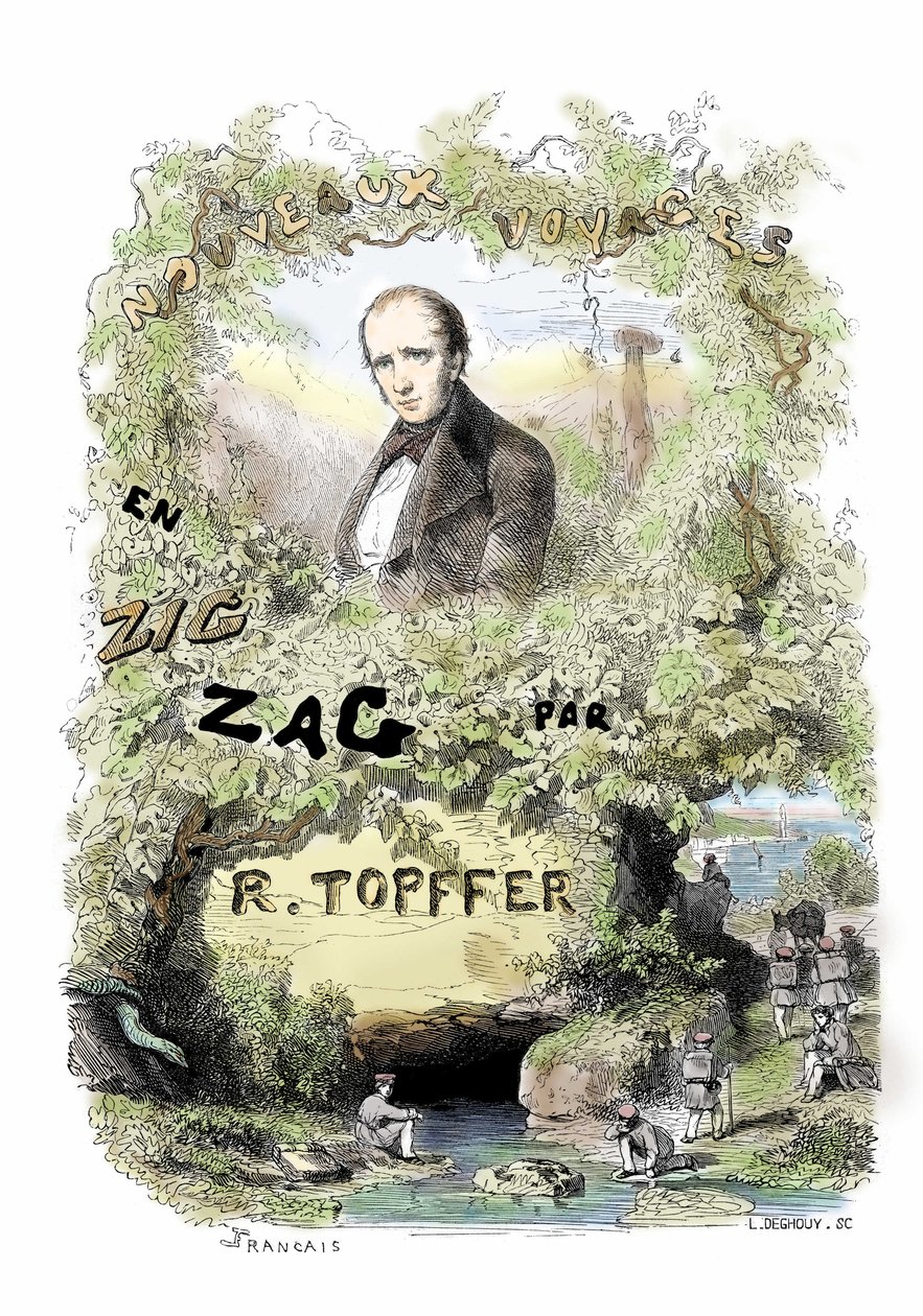 Estreno del cómic: frontispicio de "Nouveaux voyages en zig-zag" de Rodolphe Topffer (1799-1846) de Unbekannter Künstler