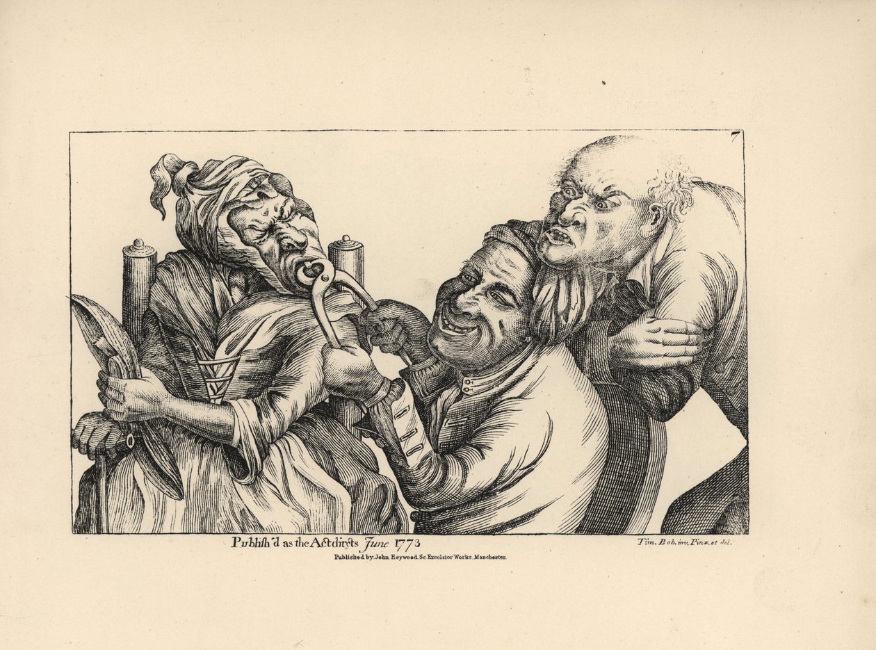 Dentista riendo mientras utiliza unas tenazas para sacar un diente en mal estado de la boca de una anciana. Grabado al cobre según una ilustración satírica de Timothy Bobbin (John Collier) (1708-1786) de Human Passions Delineated, John Haywood, Manchester. de Unbekannter Künstler