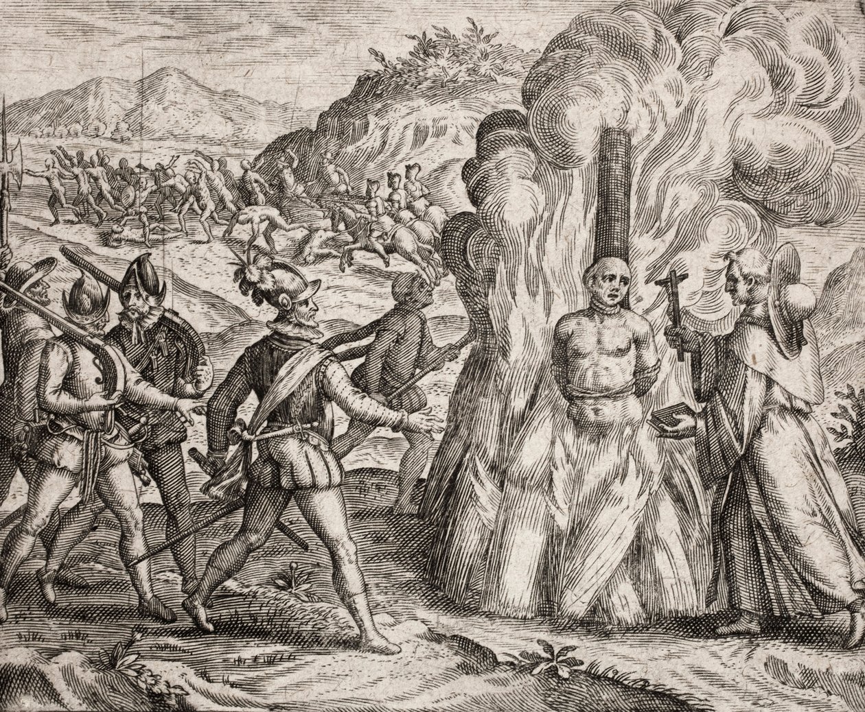 Descripción de los crímenes infligidos a los indios por los colonos españoles - Conquistadores quemando en la hoguera a un indio que se negó a convertirse a la fe católica. Religioso de la Orden Franciscana (grabado) de Unbekannt