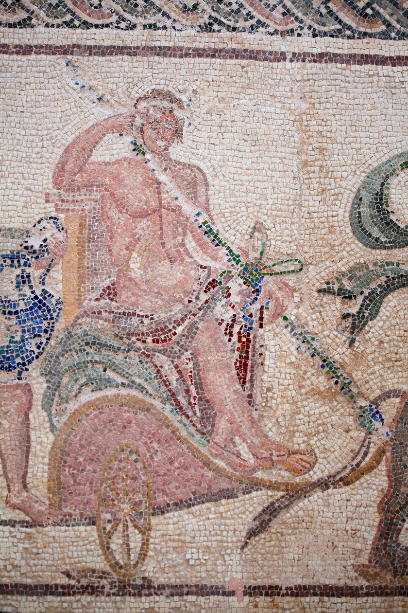 (detalle) El Triunfo de Dionisos - Retorno del dios de una expedición militar a la India - Dionisos sentado en un carro tirado por dos panteras - Mosaicos de Pafos, Casa de Dionisos, Finales del siglo II d.C. - Finales del siglo II d.C. - Chipre - El triun de William M. Timlin