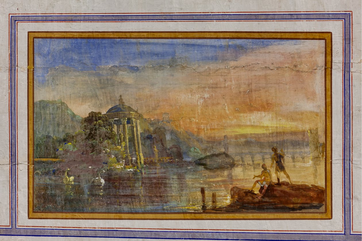Detalle de la decoración que representa un paisaje, El Salón Rojo, El Apartamento Real, El Palacio Real o Palacio de los Normandos, Palermo, Sicilia, Italia (foto) de Unbekannter Künstler