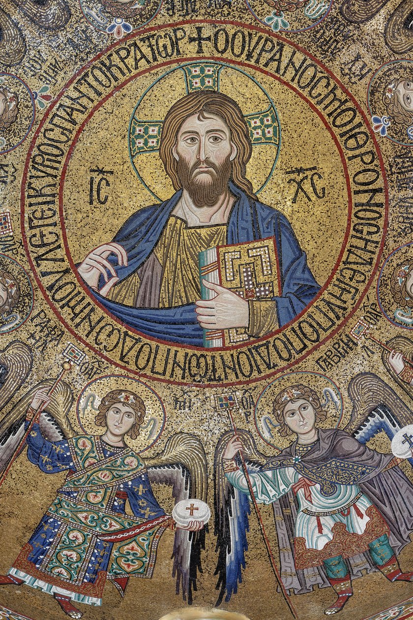 Cúpula del crucero: mosaico "Bendición de Cristo Pantocrátor entre ángeles y arcángeles", siglo XII, Capilla Palatina, Palacio Real o Palacio de los Normandos, Palermo, Sicilia, Italia (foto) de Unbekannter Künstler