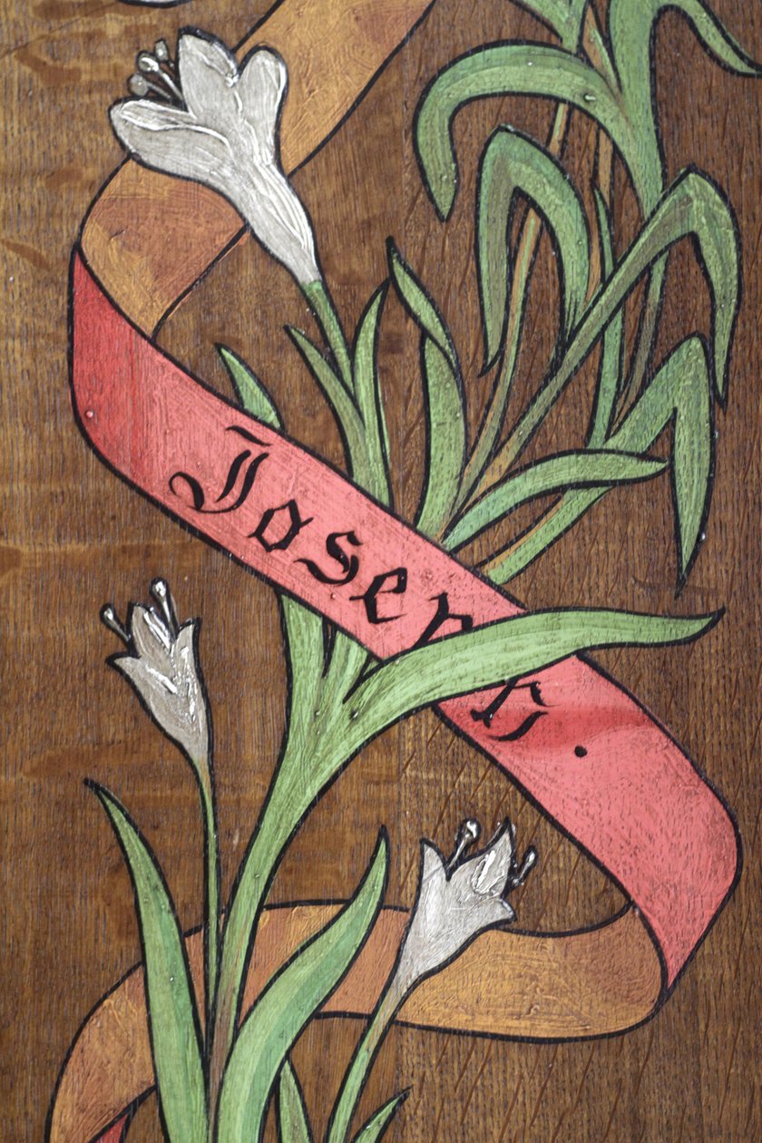 Dibujo. Flores y una cinta con el nombre José escrito en ella, Fecamp, Francia de Unbekannt