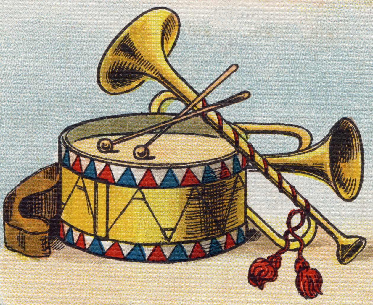 Tambor y trompeta. Grabado en "Alfabeto de mi pequeña hija". Bernardin-Bechet y Fils, libreros-editores, París, alrededor de 1895. Álbum irrompible en lienzo. Biblioteca de Bebés. 12 páginas. Álbum que contiene un método de lectura y un abecedario ilustrad de Unbekannt