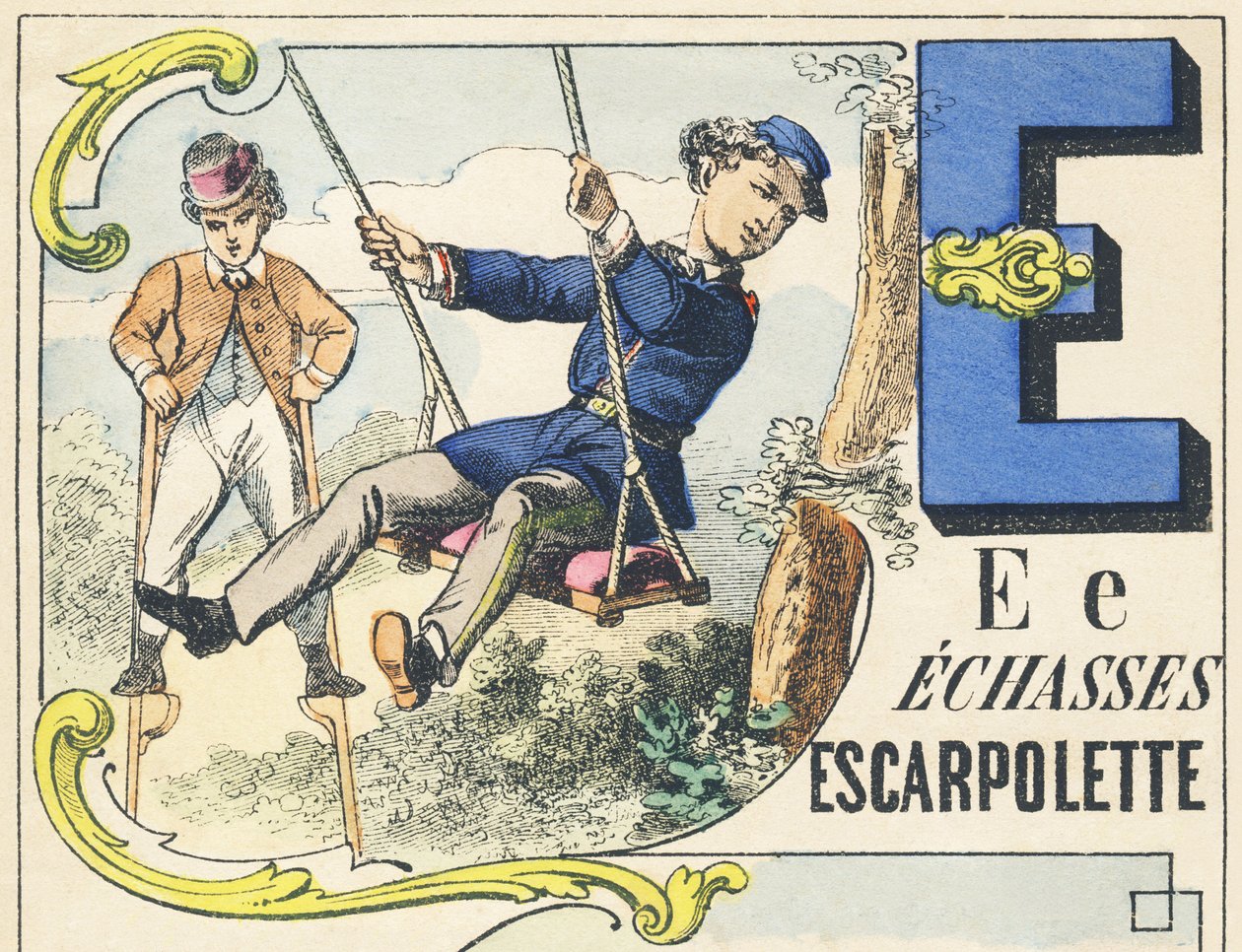 E: zancos, columpio - Alfabeto de juegos, c.1890 de Unbekannt