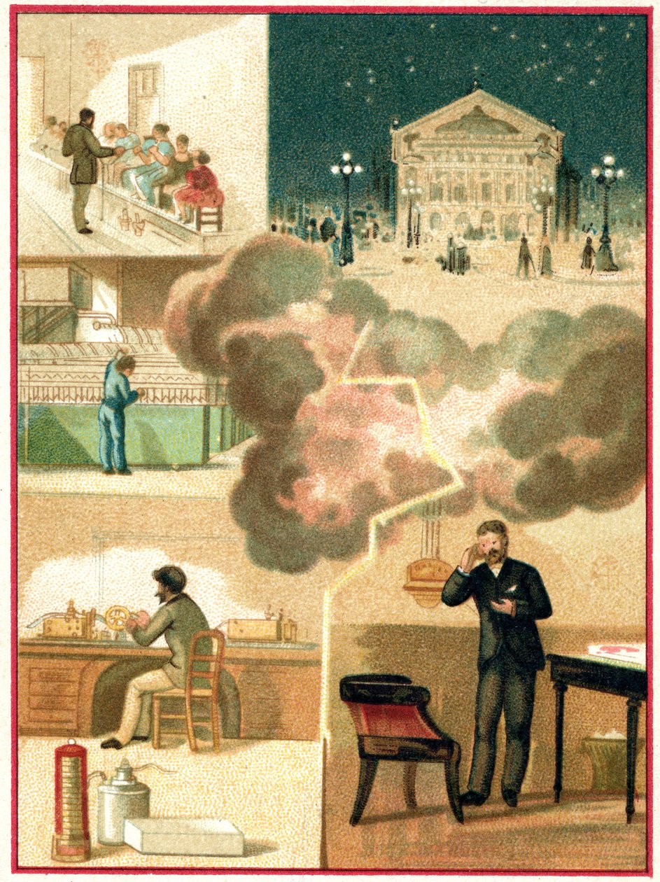 Electricidad: de la central eléctrica al alumbrado urbano, c. 1900-1910 (cromo) de Unbekannter Künstler