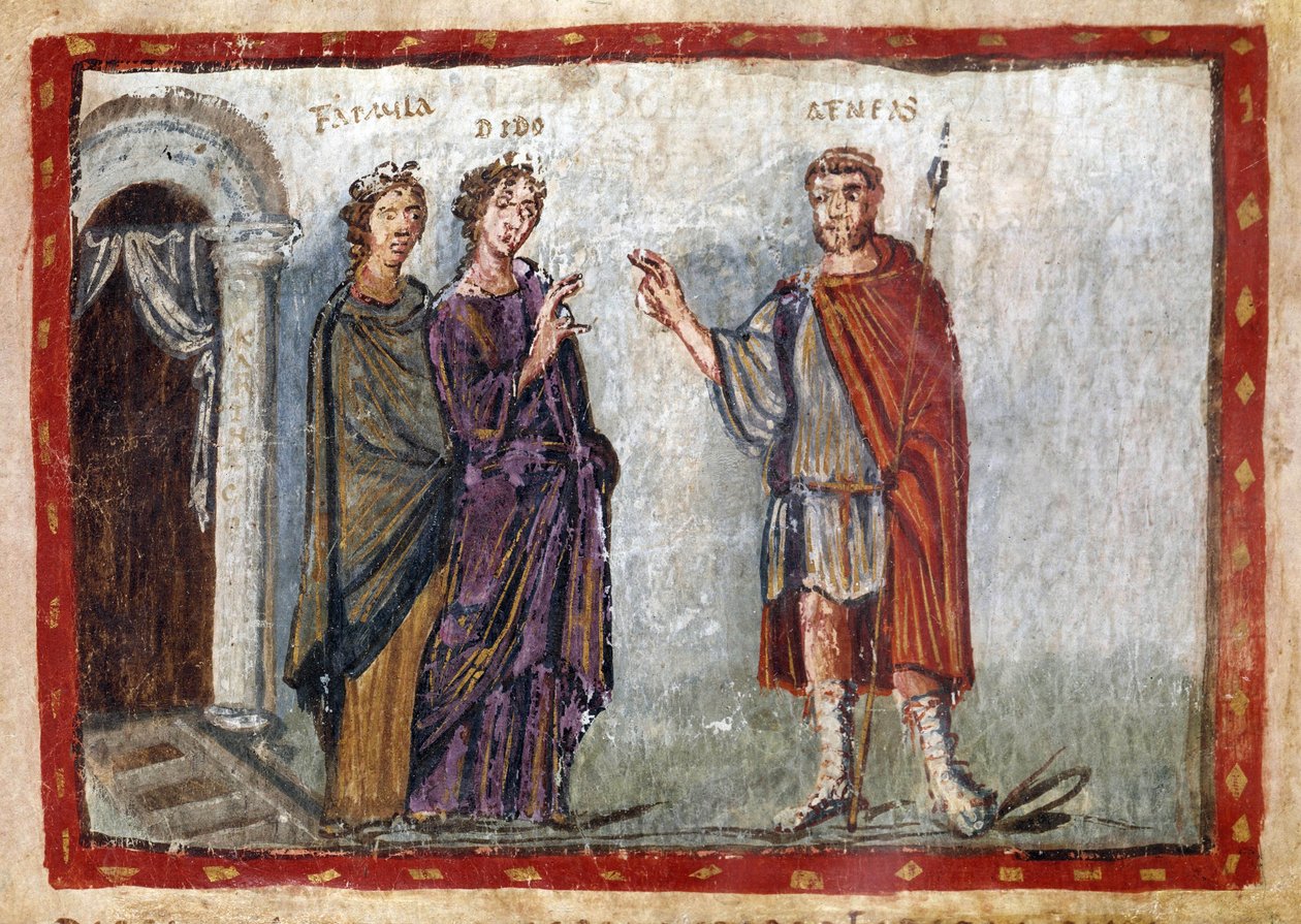 Episodio de la Eneida de Virgilio (70-19 a.C.): representación de Eneas y Dido. Dido intenta retener a Eneas. Dido, presa de la desesperación, se suicida. Miniatura extraída del "Codex Vaticanus Latinus 3225 o Vergilius Vaticanus" folio 36. Siglo V. Biblio de Unbekannter Künstler