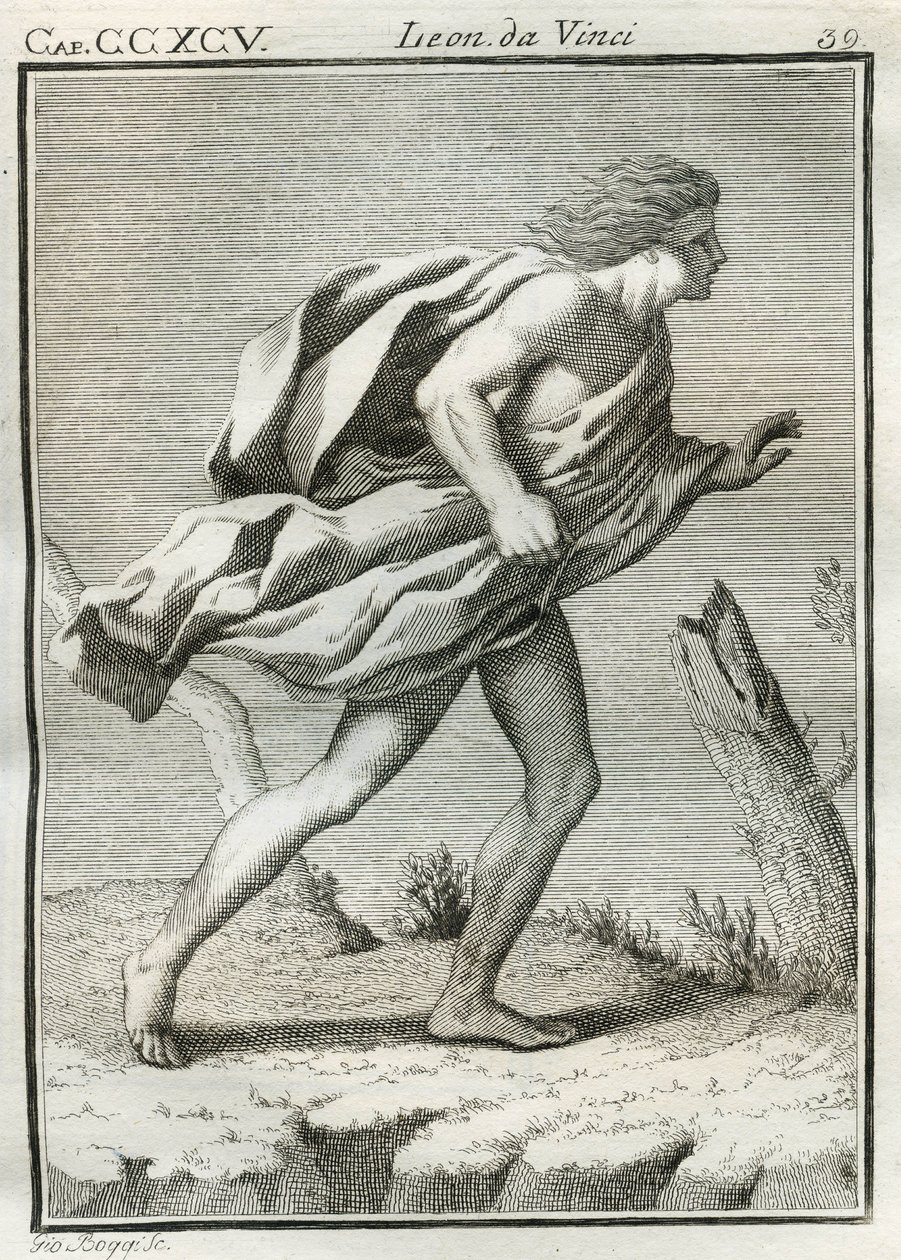 Estudio de un hombre caminando contra el viento, con las ropas y el cabello despeinados por las ráfagas y el cuerpo inclinado hacia adelante. Grabado de Trattato della pittura de Leonardo da Vinci (1452-1519) de Unbekannt