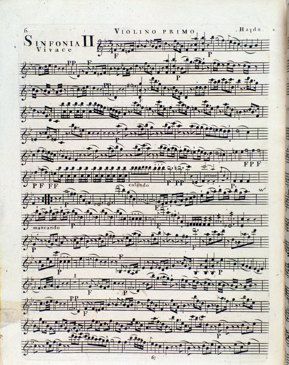 Primera página de la partitura para violín de la Sinfonía nº 2 de J Haydn de Unbekannter Künstler