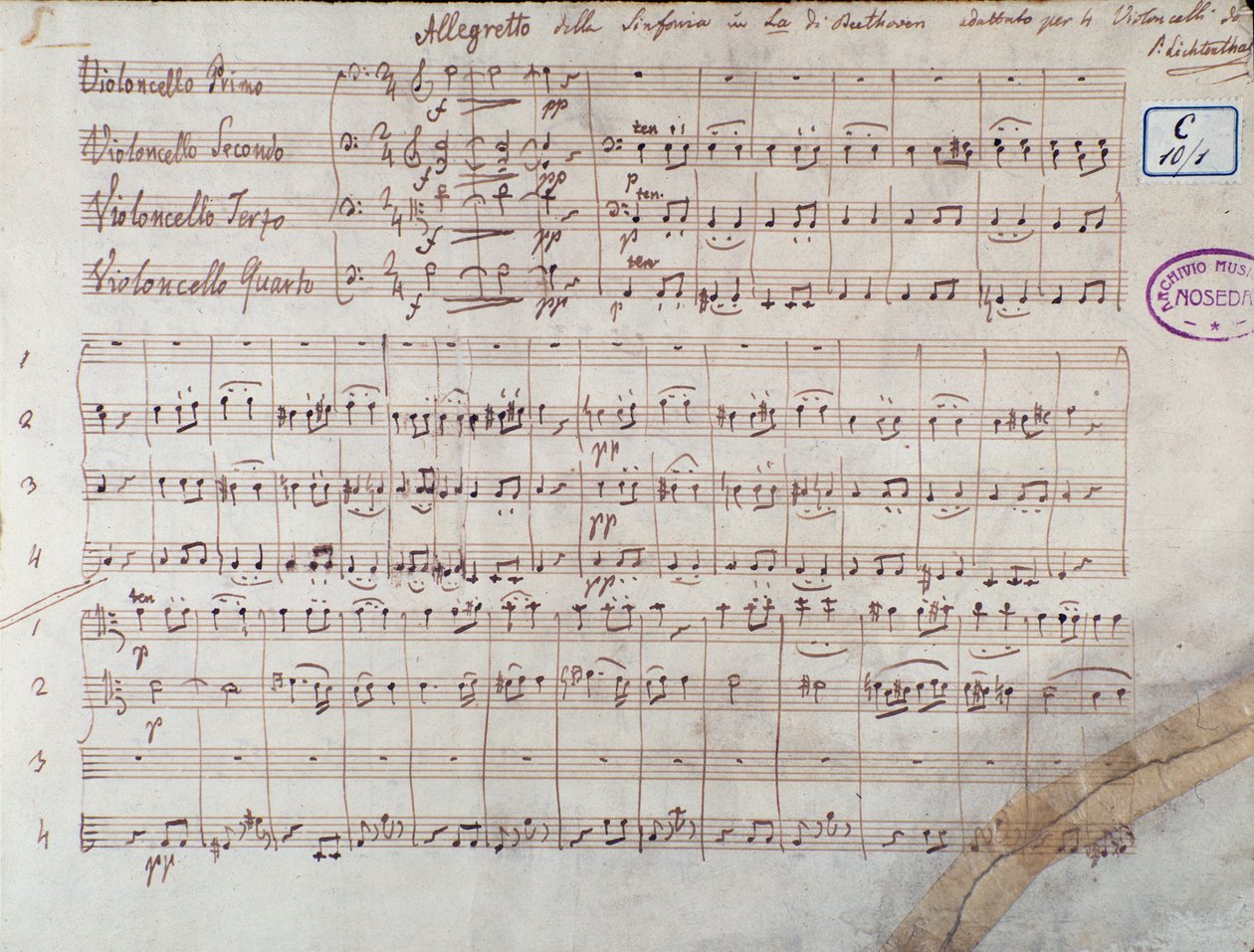Primera página de la partitura para cuatro violonchelos de la Sinfonía n. 7 en La mayor, op. 92, de Ludwig van Beethoven de Unbekannter Künstler