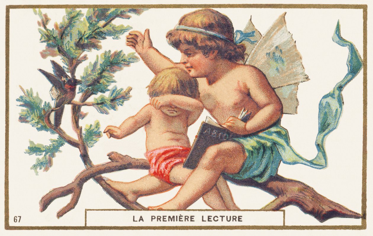 Primera lectura, fondo blanco. Cromolitografía publicitaria que representa a dos niños sentados en una rama. El mayor, con alas en la espalda (¿un ángel) sostiene un abecedario abierto en una mano; con la otra quiere cazar un pájaro que molesta al lec de Unbekannter Künstler