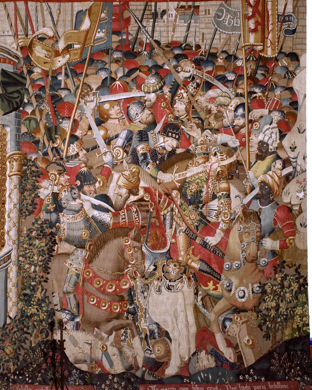 Tapiz flamenco. Serie La Guerra de Troya. Muerte de Aquiles. Octavo tapiz de la serie. Modelo Maestro Coëtivy (Henry o Conrard de Vulcop). Manufactura talleres de Tournai. Ca 1470. Tela Lana y seda, 6/7 urdimbres por cm. Tamaño 482 x 942 cm de Unbekannt