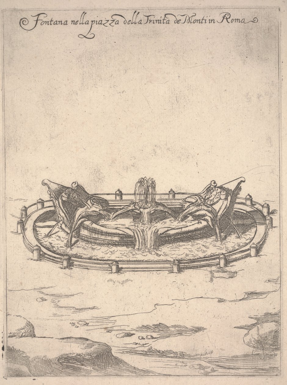Fuente en la plaza de la Trinita de Monti en Roma, c.1650 (aguafuerte) de Unbekannter Künstler