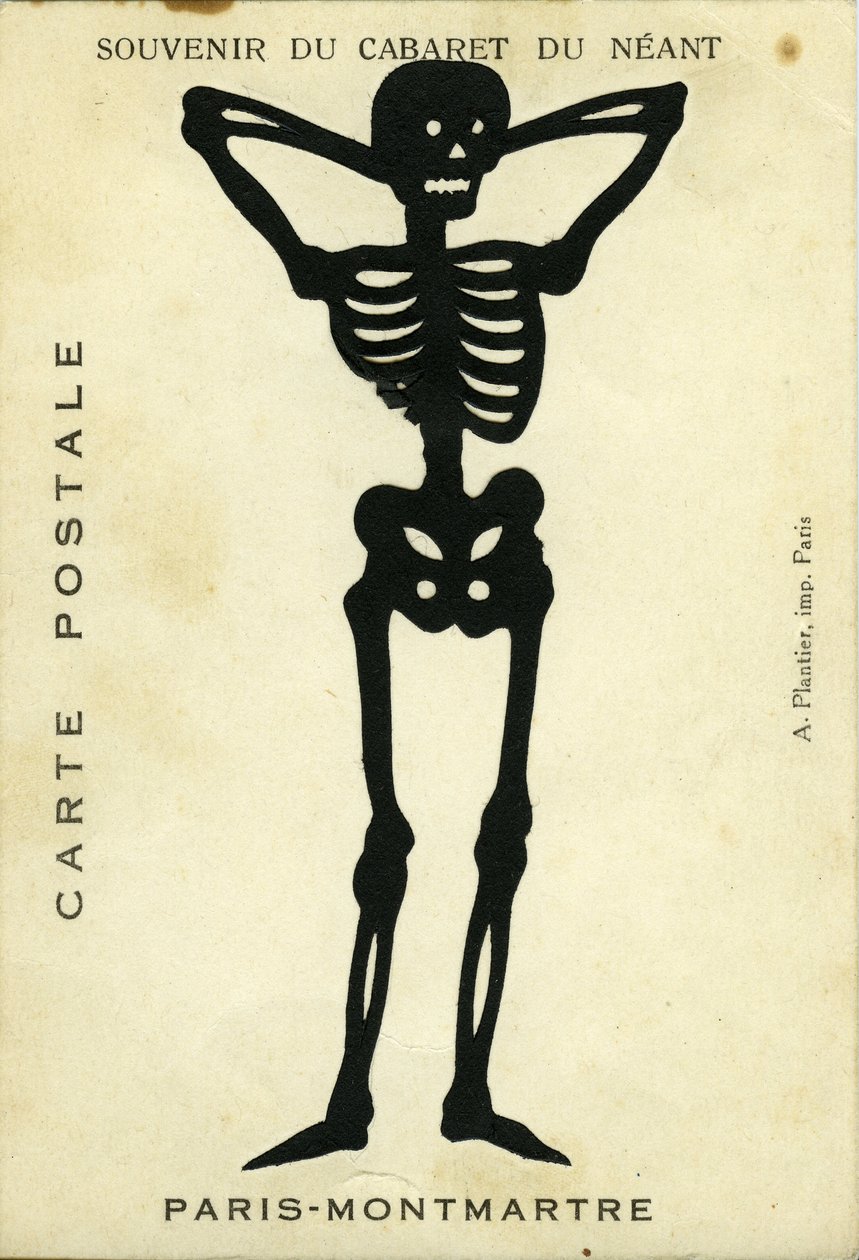 Francia, Île-de-France, París (75): Publicidad del cabaret du Neant de Montmartre representando un esqueleto decoupe de Unbekannter Künstler