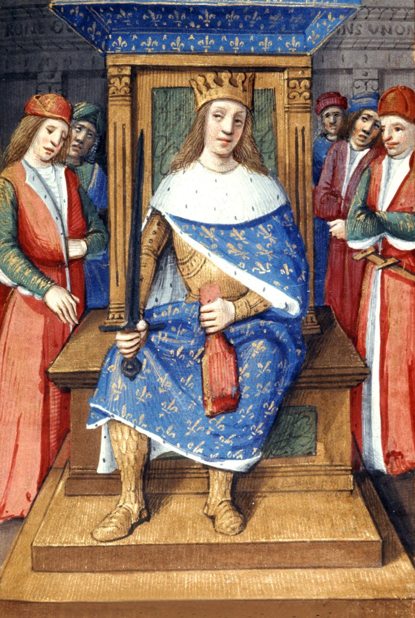 El rey francés Luis IX (san Luis, 214-1270, rey de 1226 a 1270) en su trono, iluminación francesa de Unbekannter Künstler