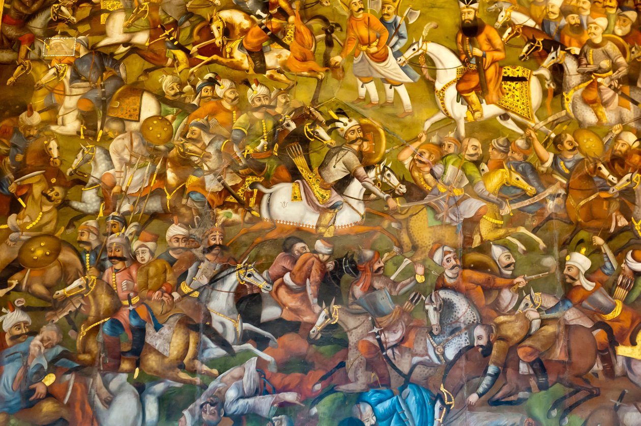 Fresco; batalla de Chaldiran o Chaldiran contra los otomanos del Sultán Selim I.; 1514; Chehel Sotoun; Palacio de las Cuarenta Columnas; Isfahan; Irán; Asia de Unbekannt