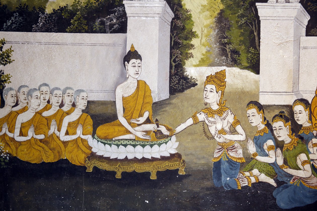 Fresco que representa una escena de la vida del Buda en Wat Phra Doi Suthep, Chiang Mai. Buda recibiendo limosnas. Tailandia de Unbekannt
