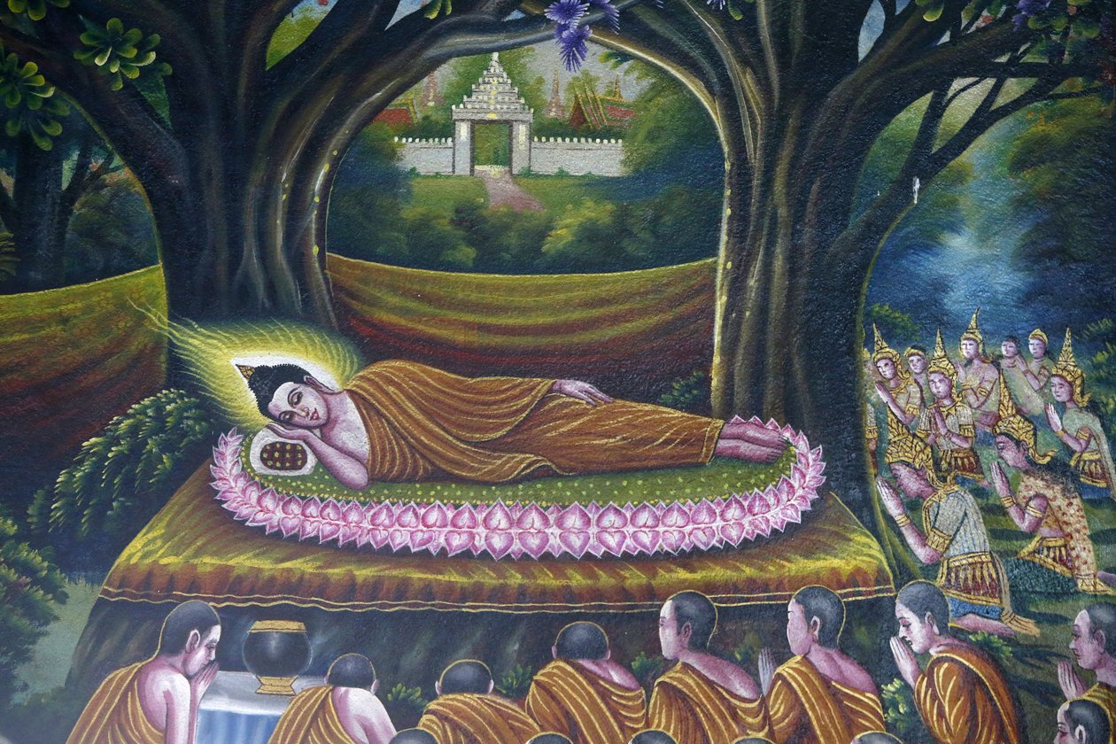 Fresco que representa la entrada del Buda en el nirvana en Wat Chiang Mun, Chiang Mai. Entrada del Buda en el parinirvana. Tailandia de Unbekannt