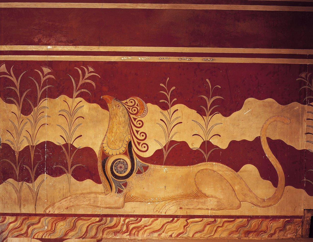 Fresco en una pared, Sala del Trono, Palacio de Minos, Knossos, Creta, Grecia de Benjamin Baud