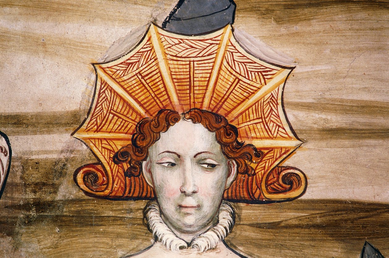 Frescos del Salón Baronial (siglo XV), (detalle), Castillo Della Manta, Manta (Cuneo), Piamonte, Italia de Benjamin Baud