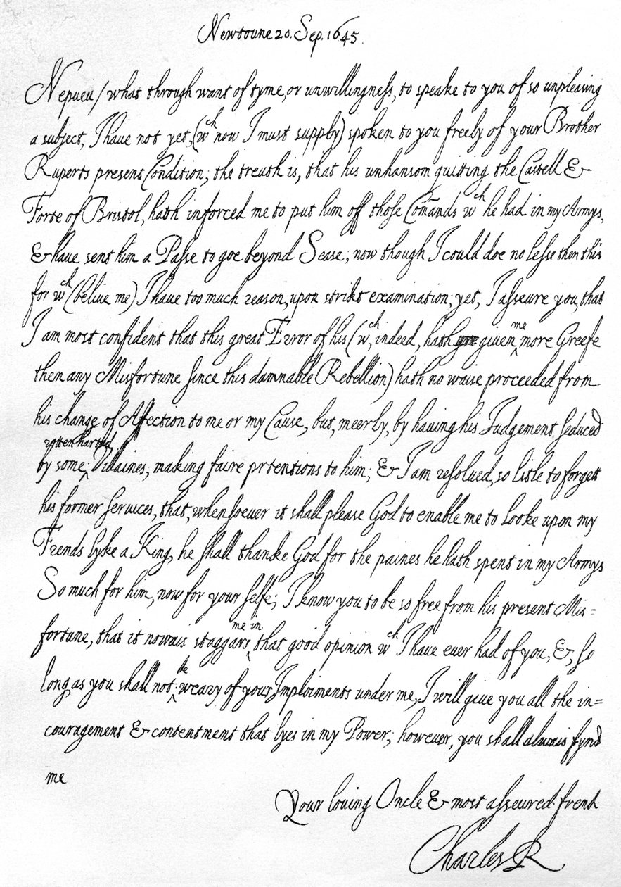 Carta amistosa de Carlos I a su sobrino, el Príncipe Mauricio, escrita en Newtown, Powys, Gales, 20 de septiembre de Unbekannt