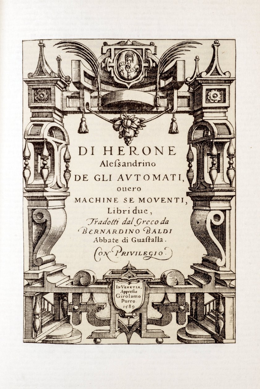 Frontispicio de "Los autómatas" de Herón de Alejandría (siglo I) 1589 de Unbekannt