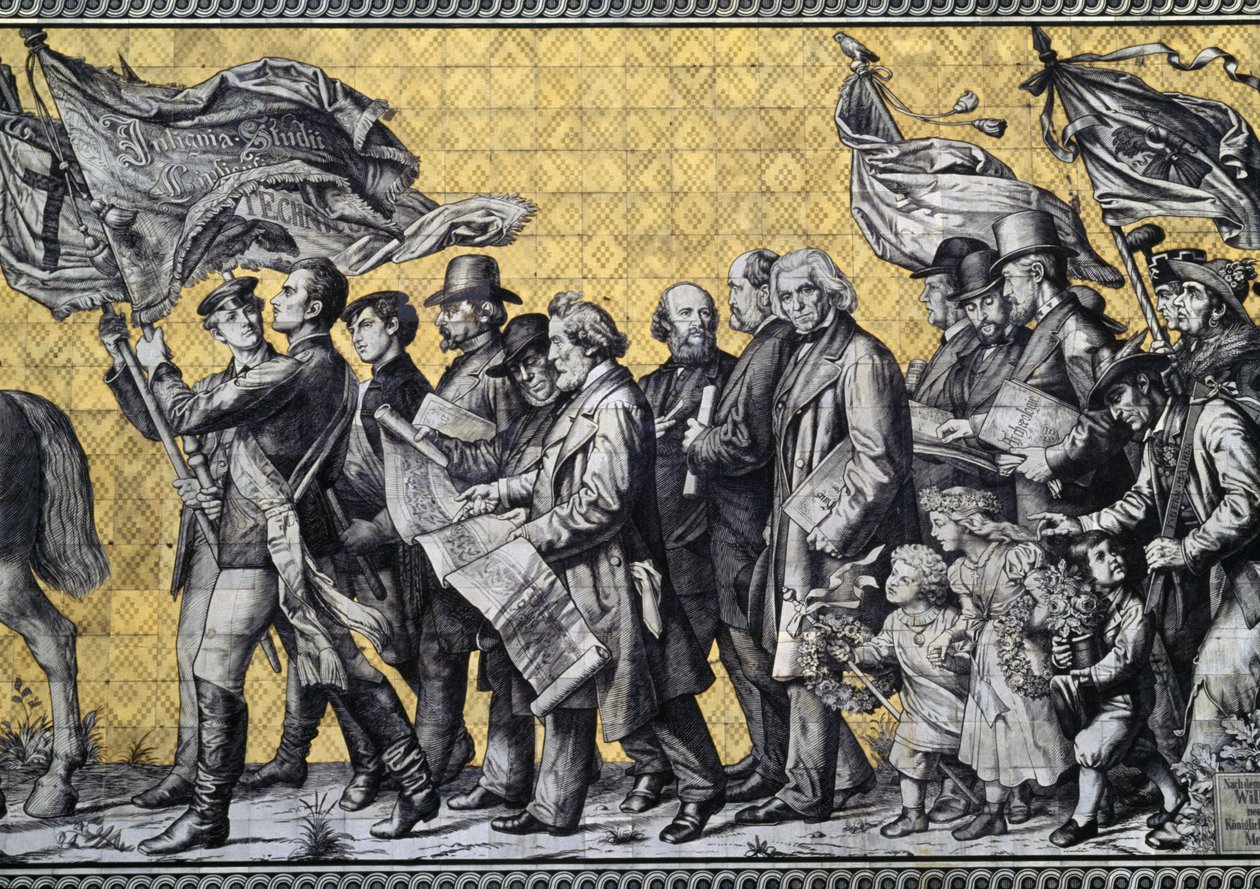 Furstenzug, o Procesión de los Príncipes, en Augustusstrasse, hecho de 25,000 azulejos de Meissen, detalle, Dresde, Sajonia, Alemania de Benjamin Baud