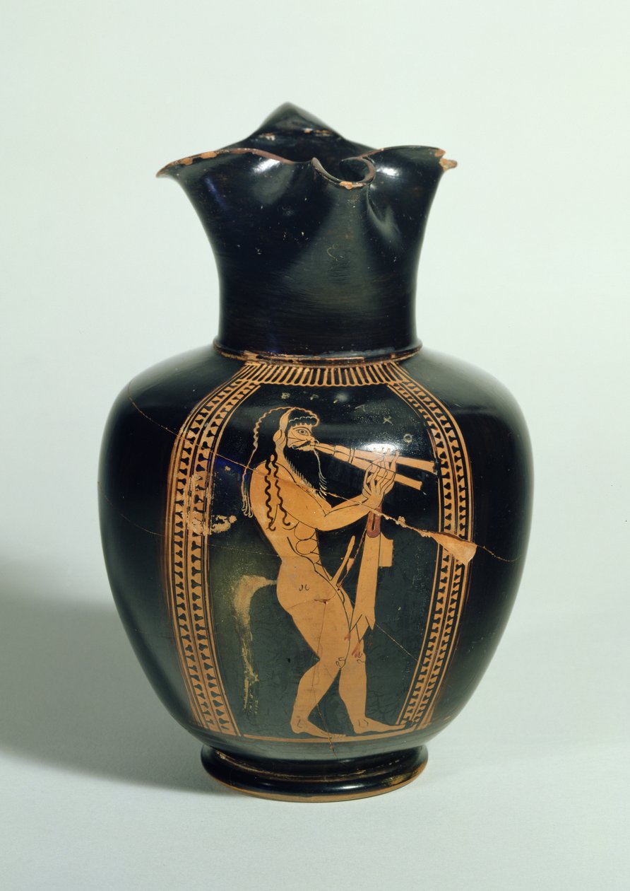 GR.126-1864 Oinochoe, decorado con sátiro tocando flautas dobles, figura roja ático, Atenas, griego, 520 a.C. de Unbekannt