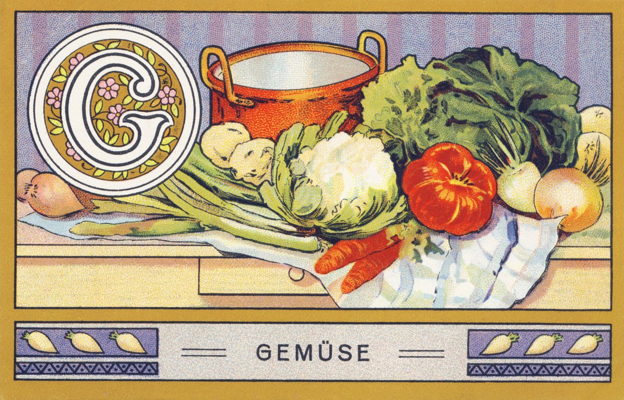 G: Gemuse - Alfabeto Palmin. Serie de cromolitografías editadas por H. Schlinck & Cie, Hamburgo. Publicidad para Palmin feinstes Cocosfett. Dimensiones: 7 x 11 cm de William M. Timlin