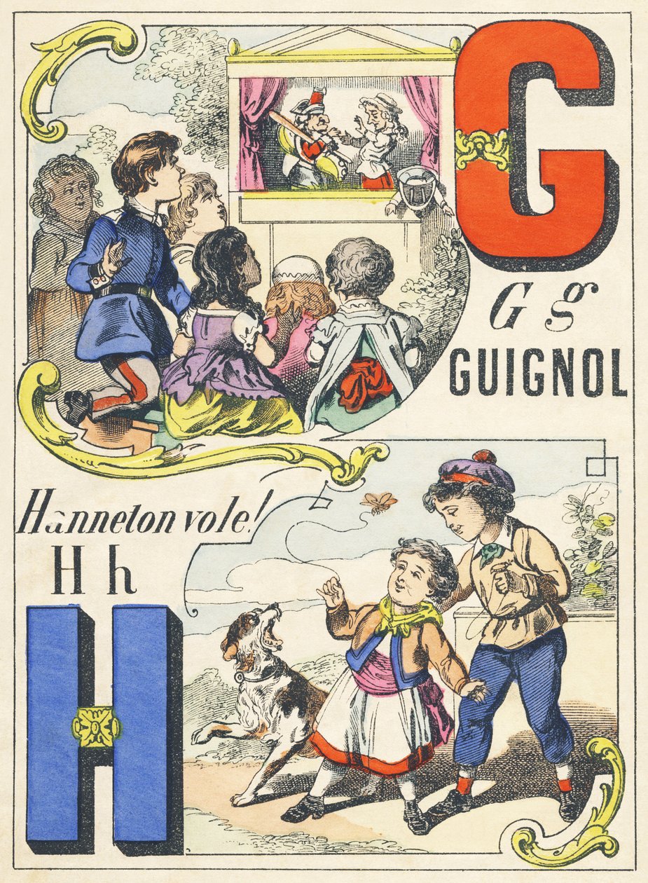 G H: Guignol, Hanneton vole! - Alfabeto de Juegos, c.1890 (ilustración) de Unbekannt