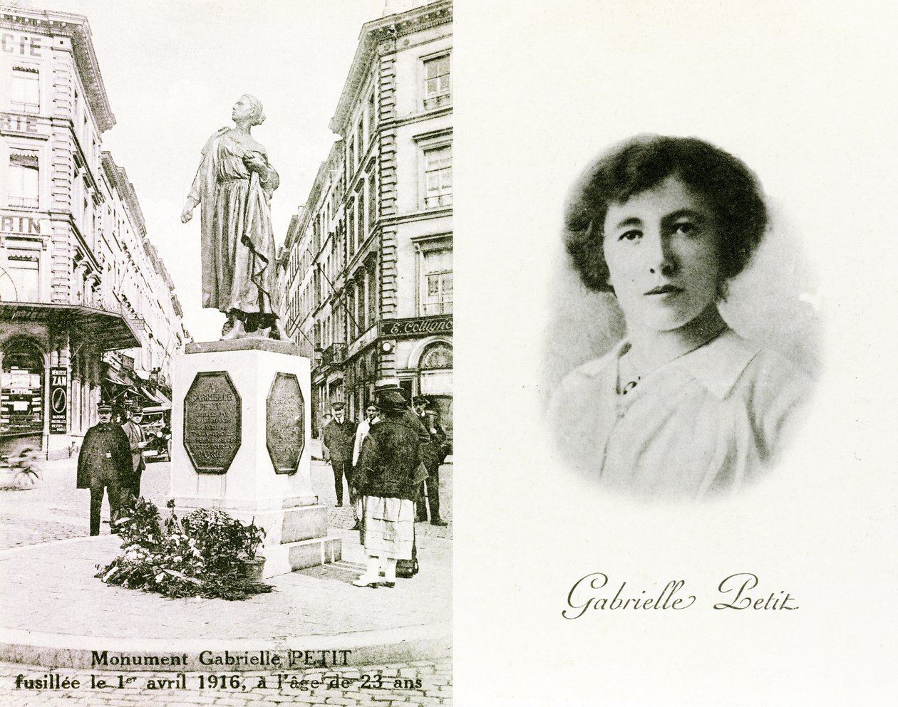 Gabrielle Petit y el monumento erigido en su honor en Bruselas, tarjetas conmemorativas, c.1925 (litografía) de Unbekannter Künstler