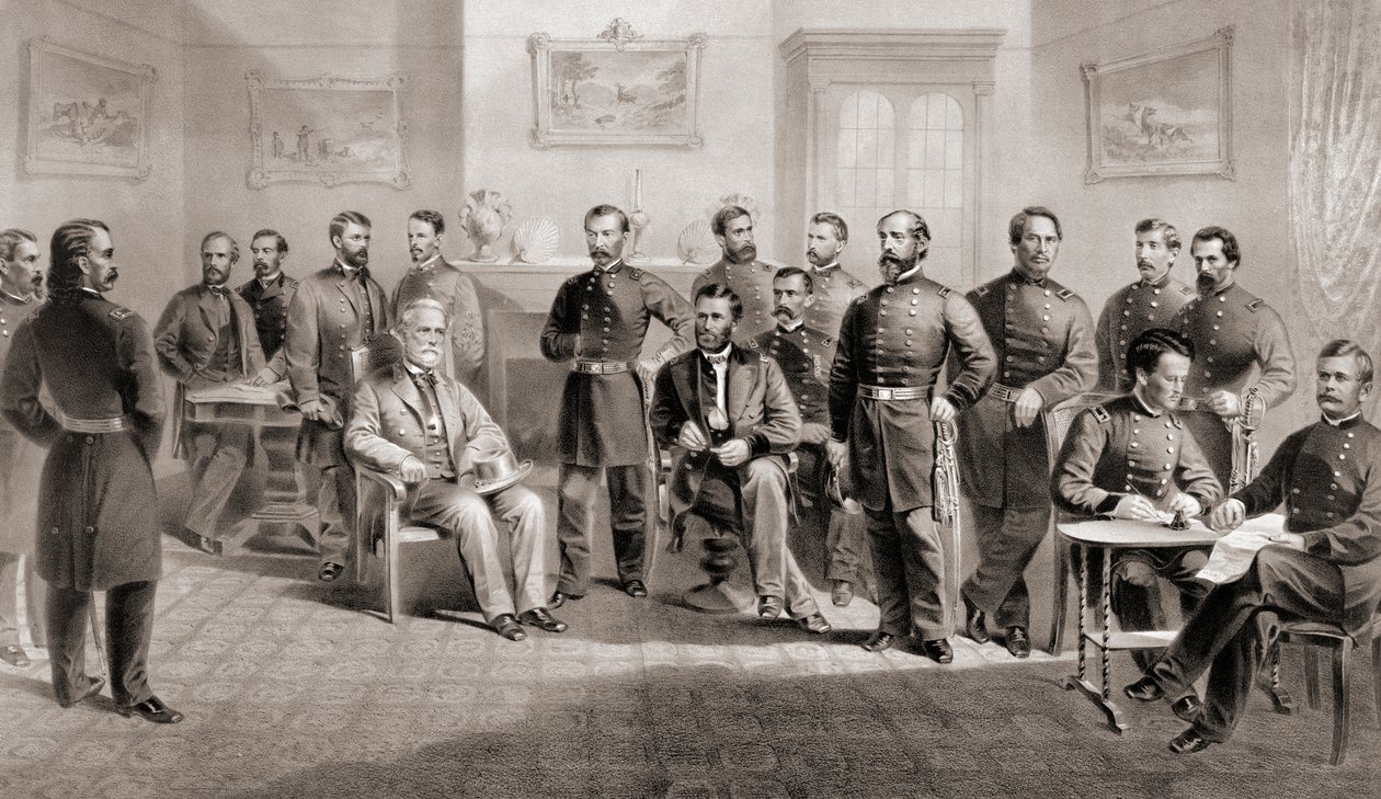 El General Ulysses S. Grant (sentado al centro derecha) y el General Robert E. Lee (sentado al centro izquierda) con sus respectivos estados mayores en el Palacio de Justicia de Appomattox, Virginia, donde el General Lee rindió el Ejército de Virginia del  de Unbekannt